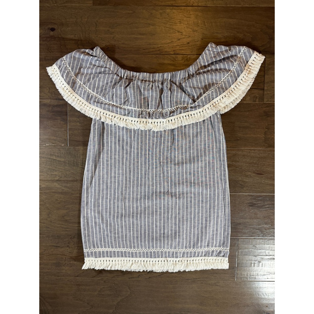 1.STATE Womens Blue White Striped Linen Cotton Off Shoulder Fringe Top Medium‎ - Picture 3 of 5